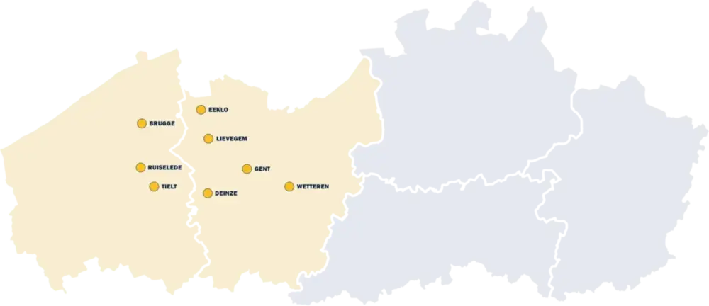 Kaart van Oost- en West-Vlaanderen met onze werkregio's: Brugge, Eeklo, Lievegem, Ruiselede, Tielt, Gent, Deinze en Wetteren